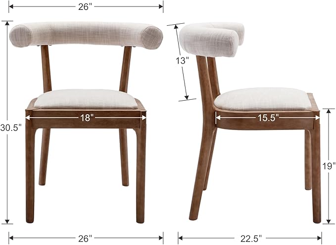 Kmax Dining Room Chairs Mid-Century Modern Fabric Kitchen Chairs with Natural Walnut Finished Frame, Linen Curved Back, Set of 6, Beige