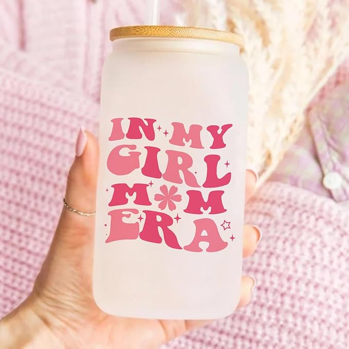 Gifts For Girl Mom, Girl Mom Gifts For Mom, New Mom, Gifts For a Mom of Girls, 16oz Glass Cup with Lid and Straw, Birthday Gifts For Pregnant Mom, Expecting Mom, Mama, Mom To Be