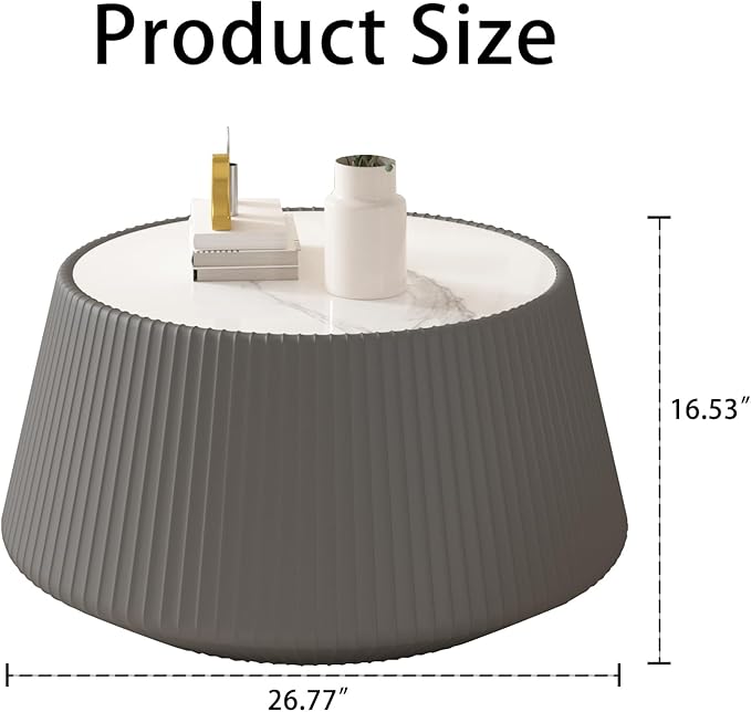 Grey Round Coffee Table with Sintered Stone Tabletop, 26.77" Drum Coffee Table with Fluted PU Leather Covered and Stable Base, Circle Cocktail Tea Table for Living Room