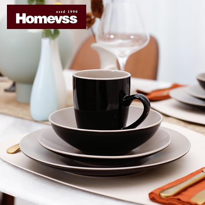 Stoneware Two-Tone Colors Life 16pc Dinner Set， Outside Shiny Black + Inside Matte Glaze Light Beige