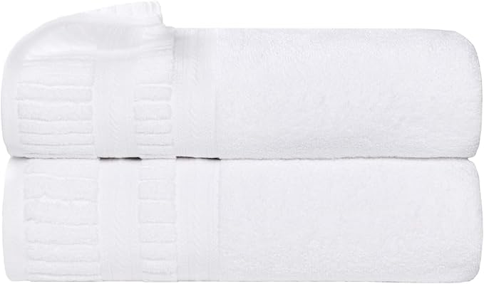 Superior Venice Zero Twist Cotton Medium Weight Towels, for Guest Bath, Bathroom, Shower, Spa, Plush Towels, Bath Essentials, Ribbed Textured Border, Bath Towels, Set of 2, White