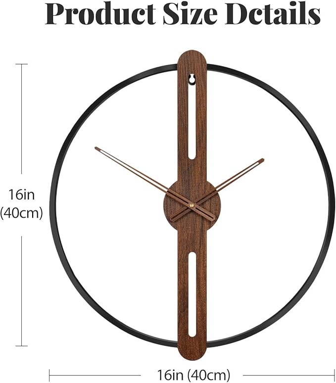 Cuspin Modern Wall Clock Silent Non Ticking Battery Operated, Rustic Minimalist Wood Metal Frame Decorative Wall Clocks for Living Room, Office, Bedroom, Kitchen, 16 Inch