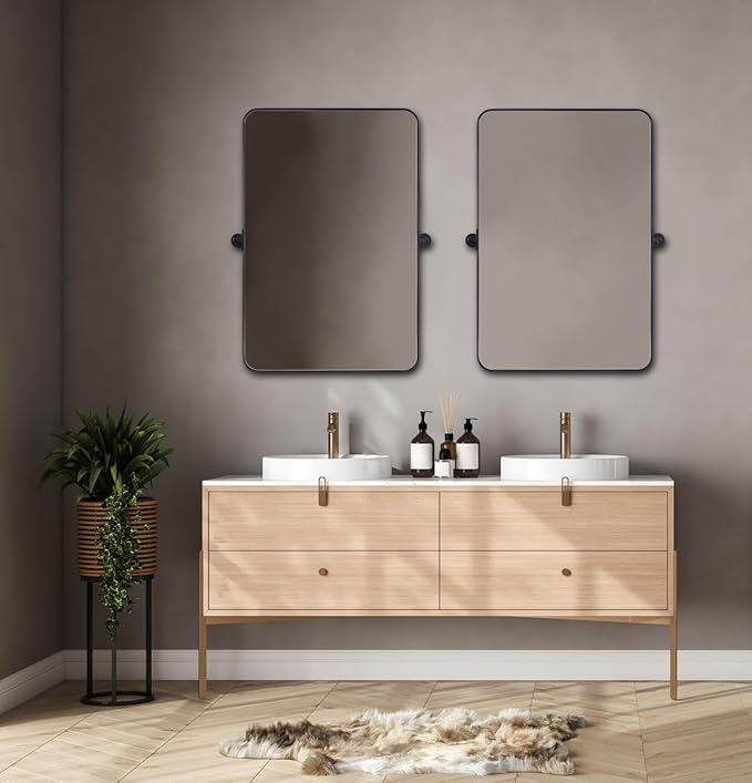 ANDY STAR 20"x30" Matte Black Pivot Mirror for Bathroom, Metal Frame Bathroom Mirrors for Wall，Rectangle Titling Vanity Wall Mirror with Rounded Corner Design Hangs Vertically Only
