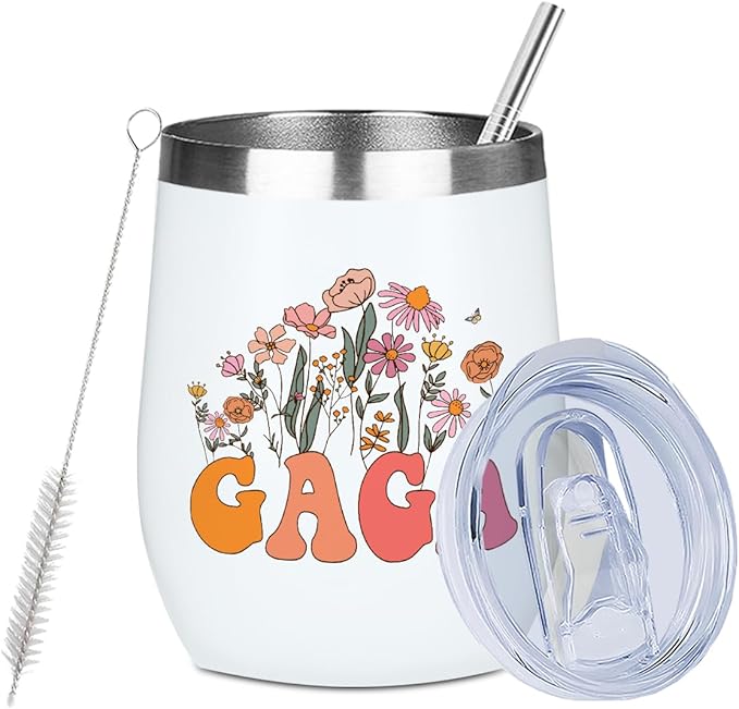 Gaga Grandma Birthday Gifts Wine Tumbler 12 oz Insulated Wine Glass Cup with Lid Straw Vacuum Insulated Travel Cup,Grandma Gifts from Granddaughter for Women Grandmother Christmas Mothers Day