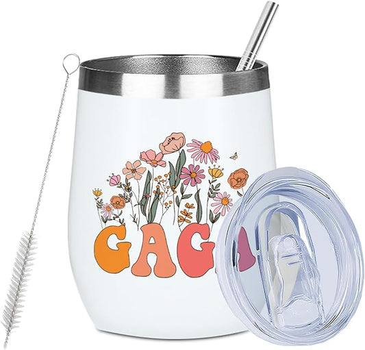 Gaga Grandma Birthday Gifts Wine Tumbler 12 oz Insulated Wine Glass Cup with Lid Straw Vacuum Insulated Travel Cup,Grandma Gifts from Granddaughter for Women Grandmother Christmas Mothers Day