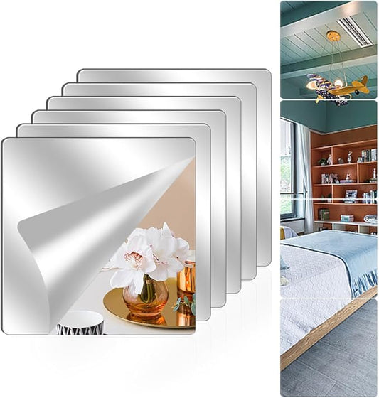 6 Pack Wall Mirror Full Length, 12 x 12 Inch Unbreakable Acrylic Mirror Tiles, Shatterproof Flexible Plastic Mirror Sheets for Bedroom Home Gym Door (6P 12"x 12")