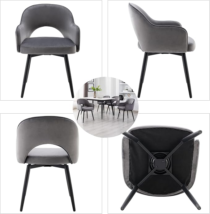 DUOMAY Swivel Dining Chair Set of 6, Velvet Upholstered Side Chair Modern Accent Guest Chair Home Office Desk Chair with No Wheels for Dining Room Living Room Office, Grey