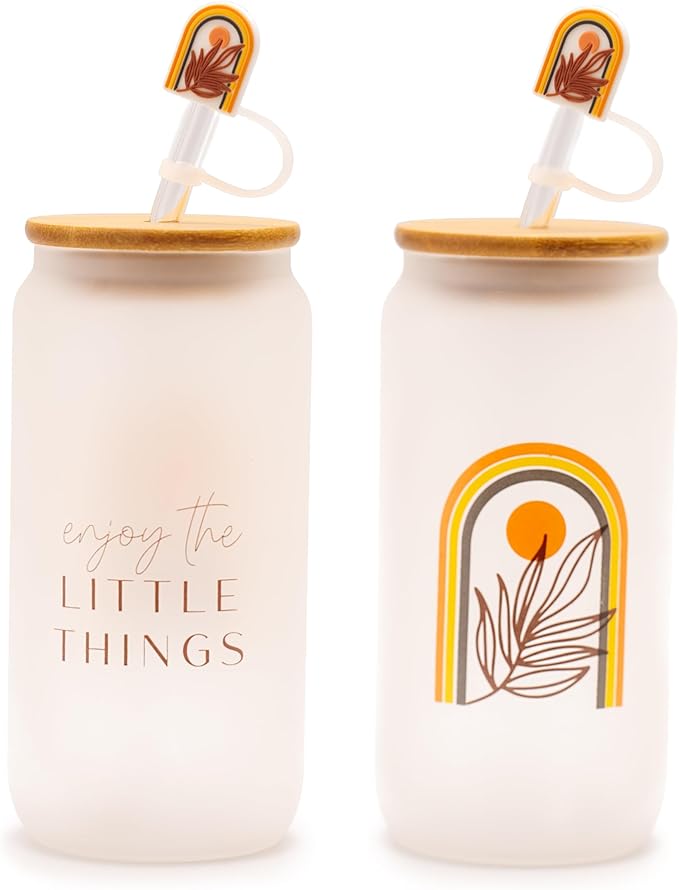 Boho Gifts for Women - Cute Design Glass Cup with Lid and Straw, Customized Stopper and Insulated Cup Sleeve for Iced Coffee and Smoothies. Giftable Unique Tumbler Cups for Women