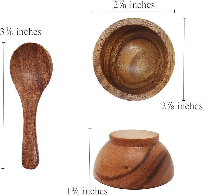 Set of 4 Small Round Acacia Wooden Bowls 2⅞ Inch Diameter With Spoons - Stackable Mixing Bowl for Salad Soup Snack Salsa Dip Sauce Charcuterie Wood Tableware Sets for Decor and Serving