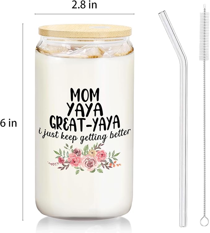 Christmas Grandma Gifts For Mom Yaya Great Yaya Glass Coffee Cup With Lid And Straws 14oz - christmas Glass Cup gifts For Grandmother