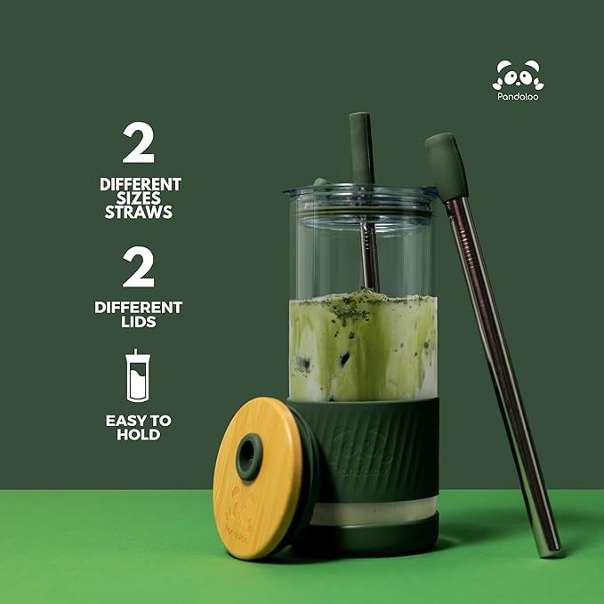Pandaloo® Glass Cups With Lids and Straws -20 Fl Oz- Perfect Size Iced Coffee Cup - Smoothie Cup With Bamboo Lid and On the go Lid - Glass Tumbler With Straw (1 Count (Pack of 1), Coral)