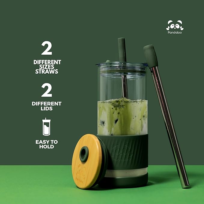 Pandaloo® Glass Cups With Lids and Straws -20 Fl Oz- Perfect Size Iced Coffee Cup - Smoothie Cup With Bamboo Lid and On the go Lid - Glass Tumbler With Straw (1 Count (Pack of 1), Black Saphir)