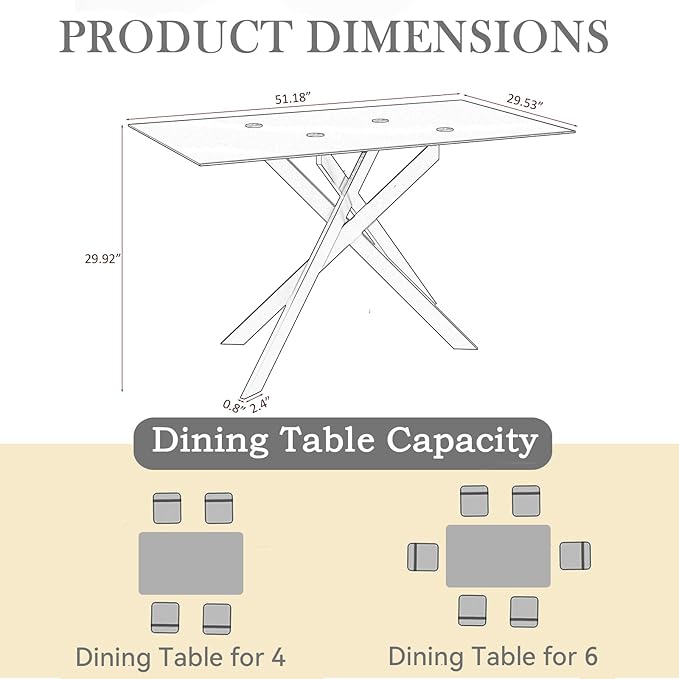 51'' Gold Glass Dining Table Set for 4,5 Piece Kitchen Table and Chairs Set with Metal Legs and 4 PU Leather Dining Chairs for Kitchen Room Small Spaces