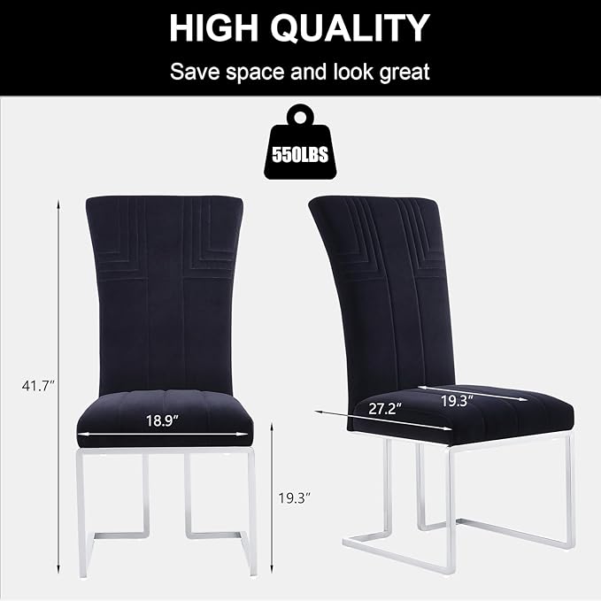 AUZ Dining Chairs Set of 6, Black and Silver Dining Chair with Velvet Upholstery and Mirrored Silver Sled Legs