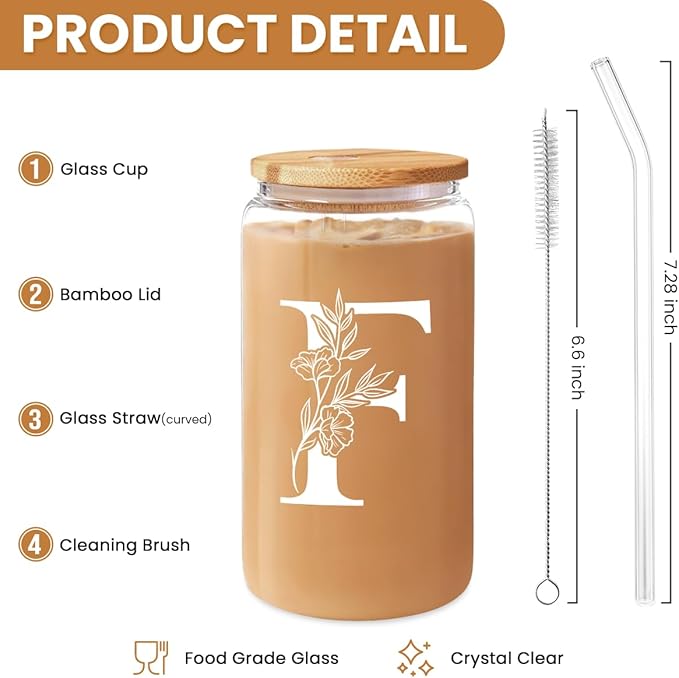 SANDJEST Monogrammed Gifts for Women - Monogram F Initial Glass Cup 16 Oz Can Coffee Cups with Lid and Straw - Monogram Initials Gifts for Womens on Birthday