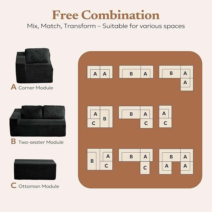 Loveseat Sofa, Cloud Modular Sofa Couch, Upholstered Floor Sofa with Deep Seat, Upholstered Foam Couch for Bedroom Living Room, No Assembly Required (Corduroy Fabric, Black)