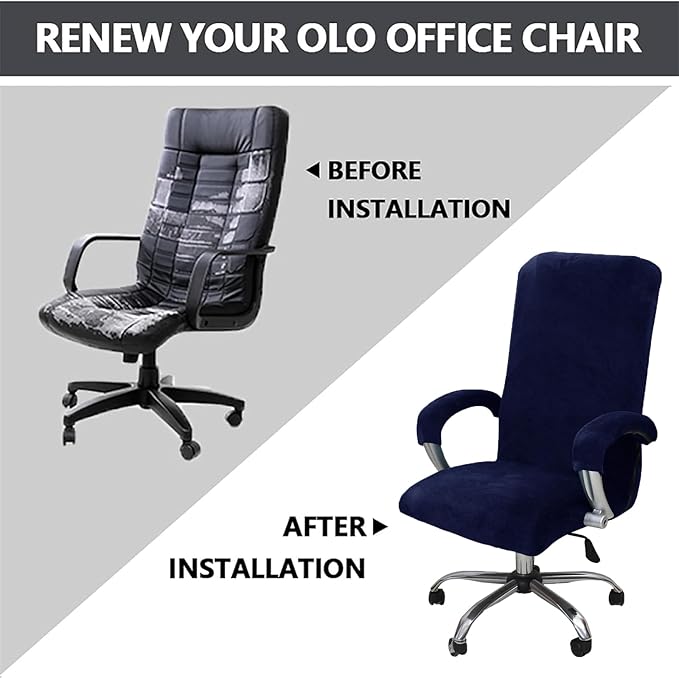 Velvet Plush Stretchable Office Computer Chair Cover - Cat Proof Protector for Ergonomic Office Desk Chair with Wheels and Armrest, Fits High Back Wide Mesh Executive Chairs, Navy Blue, XL