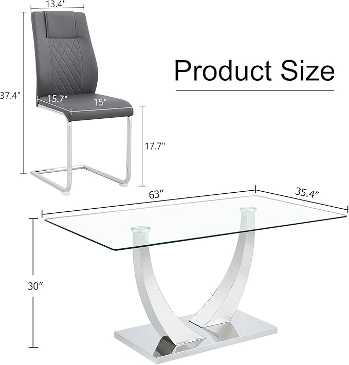 AZmac 63” Glass Dining Room Table Set for 4, Modern Kitchen Table and Chairs Set of 4, Dining Sets with Rectangular Tempered Glass and Sturdy Silver Chrome Base, for Kitchen Home