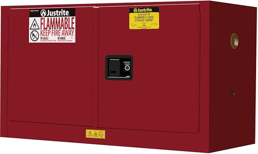 Justrite 17 Gallon Manual Close Piggyback Flammable Storage Cabinet, 18 Gauge Steel, 1 Shelf, 2 Door Fire Cabinet, 24" x 43" x 18", Made in The USA, Red, 891701