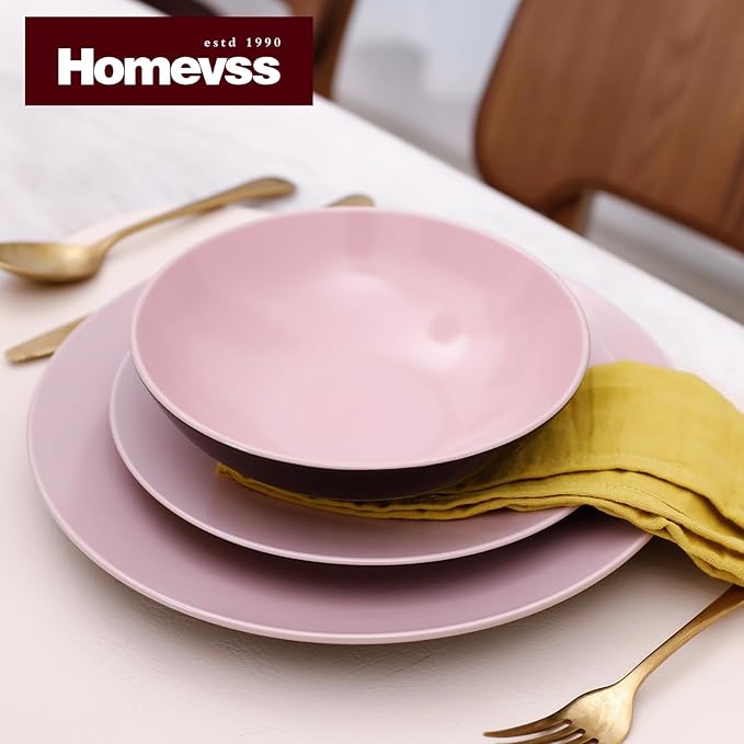 Stoneware Two-Tone Colors Life 16pc Dinner Set，Outside Shiny Black + Inside Matte Glaze Rose