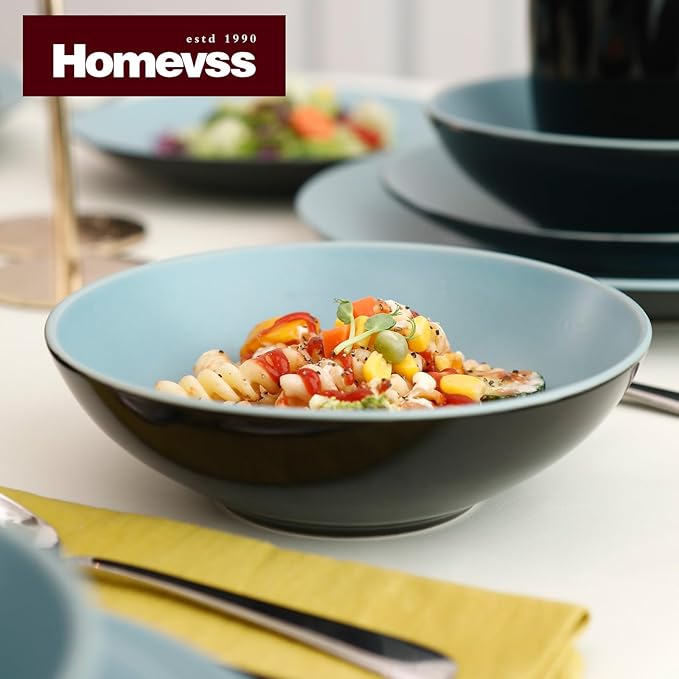 Stoneware Two-Tone Colors Life 16pc Dinner Set， Outside Shiny Black + Inside Matte Glaze Turquoise