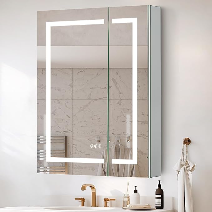 32 x36 Inch LED Lighted Medicine Cabinet with Lights, Recessed or Surface Wall Mount Medicine Cabinet Mirror for Bathroom with Storage, Outlets & USB, Tempered Glass, 3-Color Dimming, Adjustable Shelf