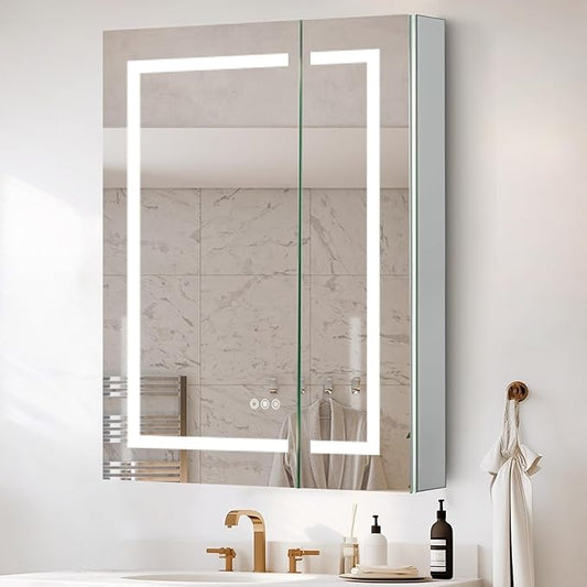 32 x36 Inch LED Lighted Medicine Cabinet with Lights, Recessed or Surface Wall Mount Medicine Cabinet Mirror for Bathroom with Storage, Outlets & USB, Tempered Glass, 3-Color Dimming, Adjustable Shelf