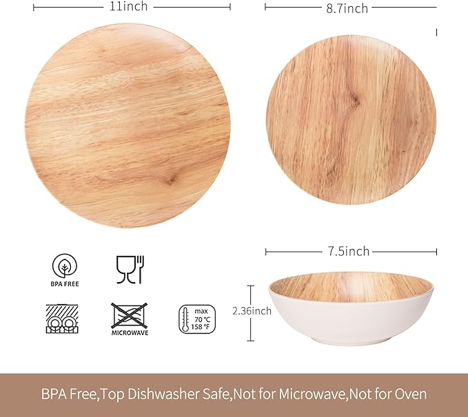 Melamine Dinnerware Set 18Pcs Wood-looking - Dish Dishware Wood Grain Woodland Plastic Outdoor Plates Bowls Durable Service for 6