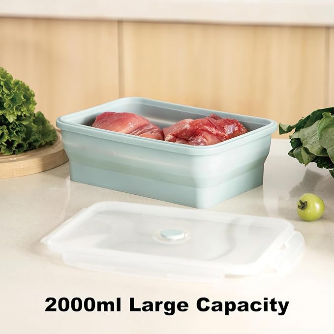 Extra Large Collapsible Silicone Food Storage Containers With Lids, 2000ml Big Meal Prep Boxes for Roasting Chicken, Store Leftover, Dishwasher & Microwave Safe, BPA Free, 2 Pack