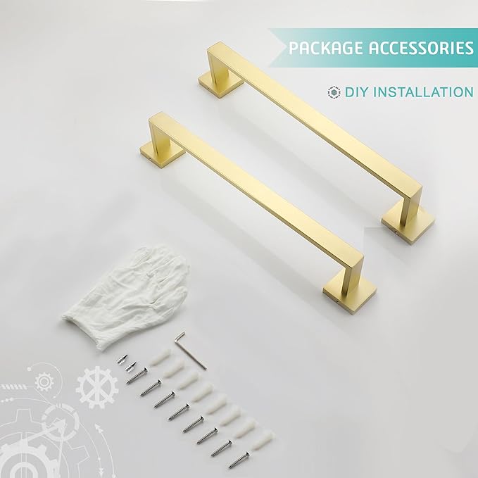 LANC 2-Pack 16-Inch Brushed Gold Bathroom Towel Bars, Total-18 Square Towel Racks Single Hand Towel Holders SUS304 Stainless Steel Wall Mount Lavatory Towel Hanger Towel Rods,A8804-4BG