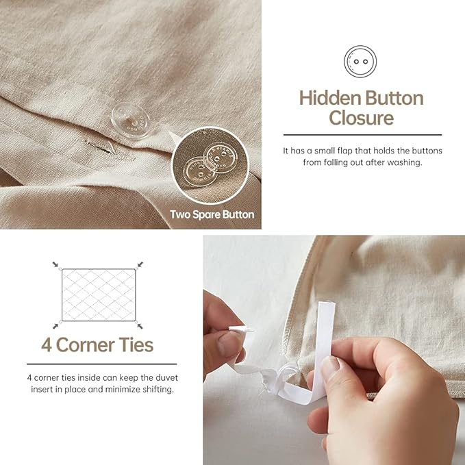 Simple&Opulence French Linen Duvet Cover Set 88" x 92"- 3 Pieces (1 Comforter Cover,2 Pillowcases)- Natural Flax Cotton Blend-Solid Color Breathable Farmhouse Bedding-Linen/Beige, Queen