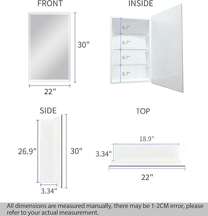 22"x30" Beveled Mirror Medicine Cabinet - Waterproof Bathroom Storage Cabinet, Frameless Mirror Cabinet, Adjustable Shelves, Recessed or Surface Mount (White)