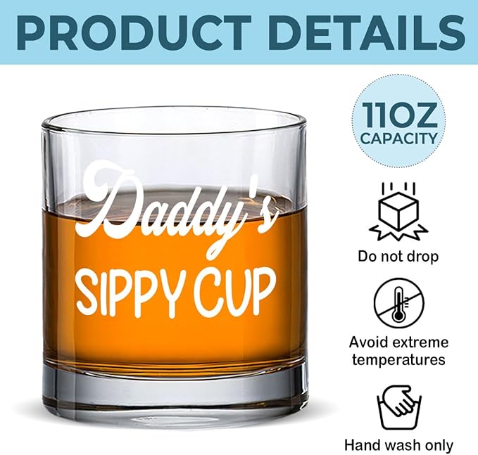 DOPTIKA Christmas Birthday Gifts For Dad, Husband Gift From Wife, 11 Oz Old Fashioned Glass For Men, Funny Gag Gifts For Men, Daddy's Sippy Cup Whiskey Glass, New Dad Gift