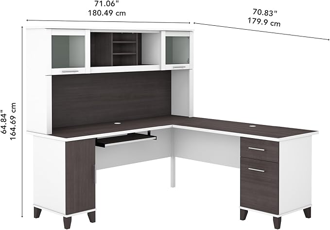 Bush Furniture Somerset L Shaped Desk with Hutch in White & Storm Gray | Corner Computer Table with Drawers, Cabinets and Pullout Keyboard/Laptop Tray for Home Office