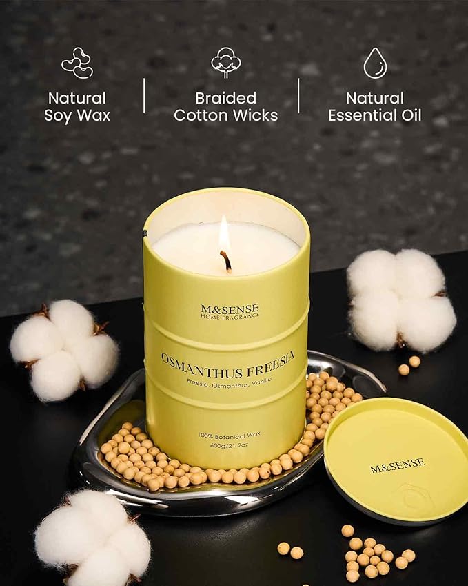M&SENSE Osmanthus Freesia Scented Candles Large, Natural Soy Candles 21.2oz 120 Hour Christmas Decor,Christmas Candle for Stress Relief Meditation Relaxing,Gift for Her