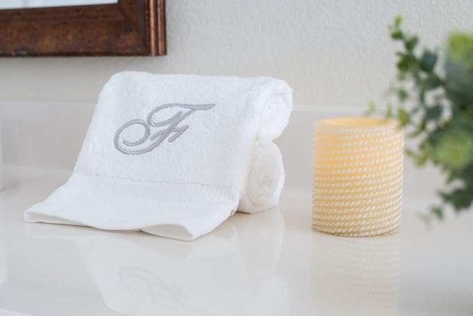 White Monogrammed Hand Towels for Bathroom - Luxury Hotel Quality Personalized Initial Embroidered Towel for Powder Room, Spa - GOTS Organic Certified - Set of 2 Silver Letter F
