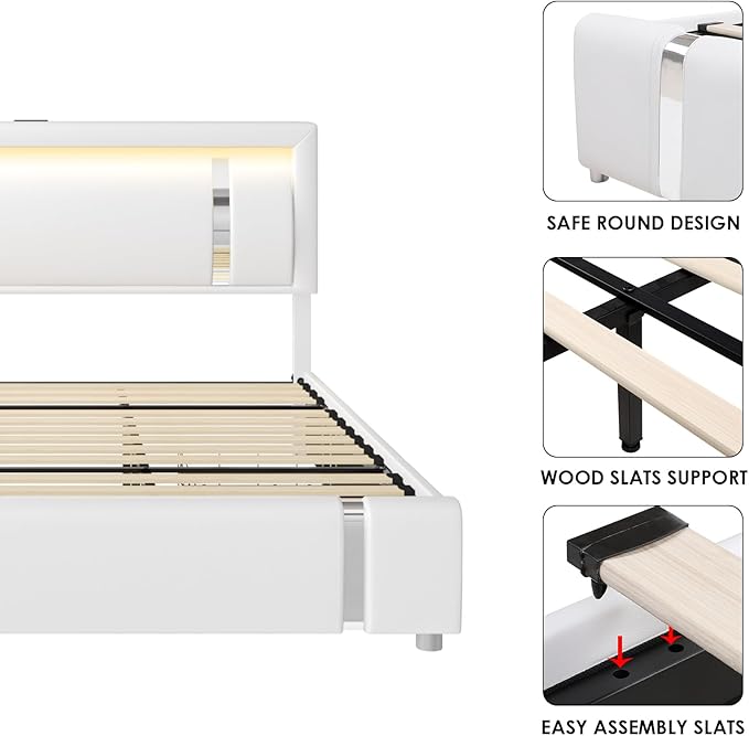 Keyluv Queen Bed Frame with RGB LED Lights Headboard & 2 Storage Drawers, Modern Upholstered Faux Leather Smart Platform Iron Metal Decor, USB USB-C Charging Ports, No Box Spring Needed, White