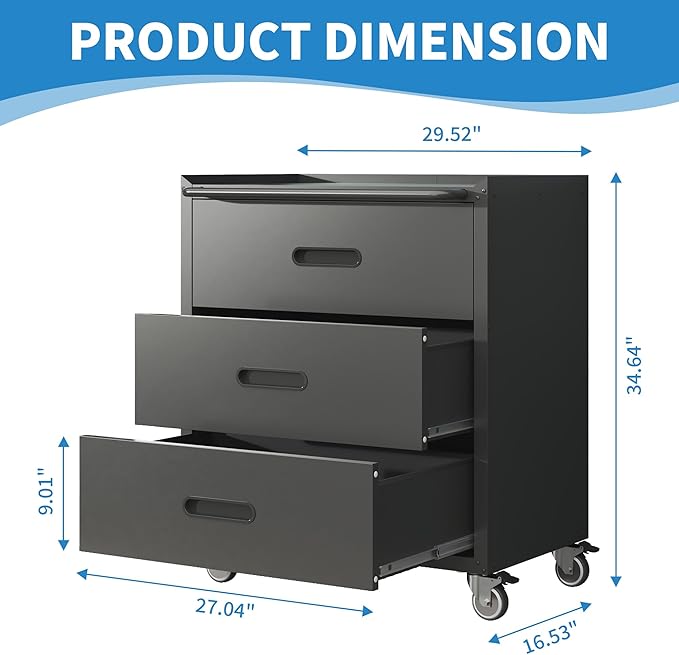 Tool Storage Cabinet, Rolling Tool Cabinets with 3 Drawers, Metal Storage Cabinet for Garage, Tool Room, Warehouse, Assembly Required(Black)