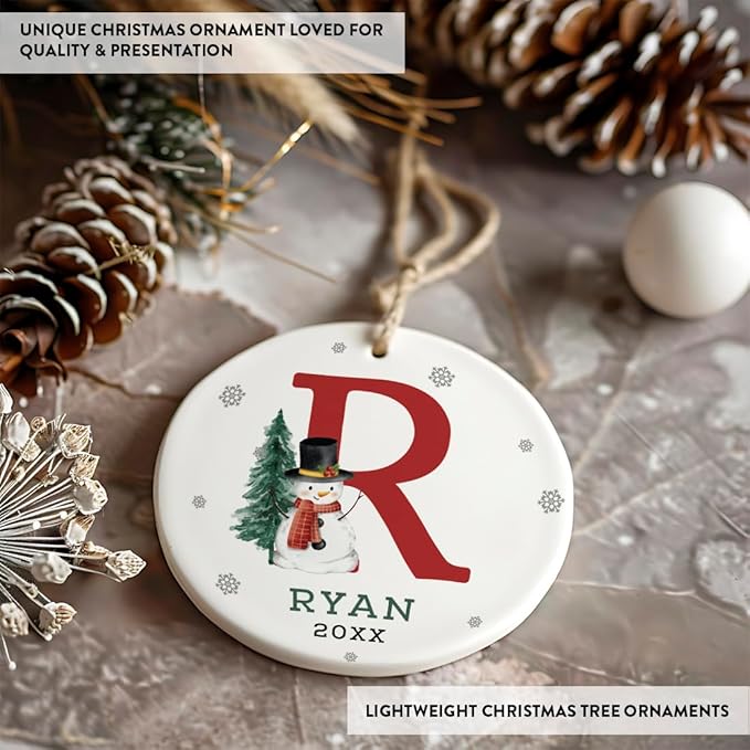 Andaz Press Personalized Christmas Ornaments, Custom Name, Initial R Monogram Snowman 2.8" Ceramic Porcelain 2025 Christmas Ornament Keepsake for Kids, Boys, Girls, 1-Pack Initial Ornaments