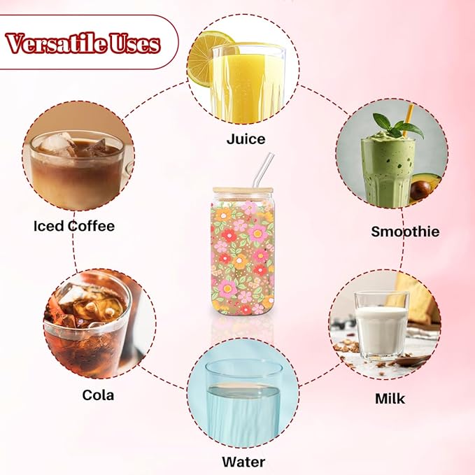 Cute Floral Iced Coffee Cup, Daisy Flower Glass Tumbler, 16 oz Aesthetic Coffee Glass Cup with Lid Straw, Christmas Birthday Gifts for Women Teen Girls Sister Her