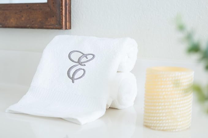 White Monogrammed Hand Towels for Bathroom - Luxury Hotel Quality Personalized Initial Embroidered Towel for Powder Room, Spa - GOTS Organic Certified - Set of 2 Silver Letter E