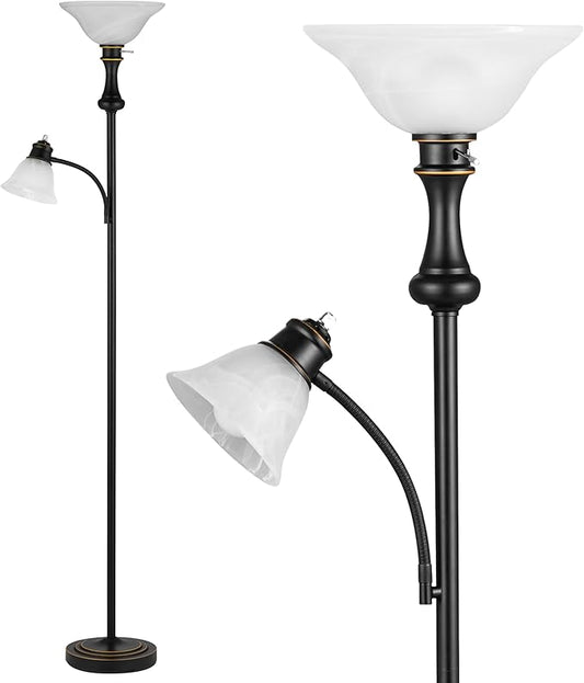 71'' Torchiere Floor Lamp for Bedroom with Glass Shade, Tall Floor Lamps for Living Room with Adjustable Angle Arc Reading Light, Modern Standing Light, Knob Switch, Bulb Included, Black