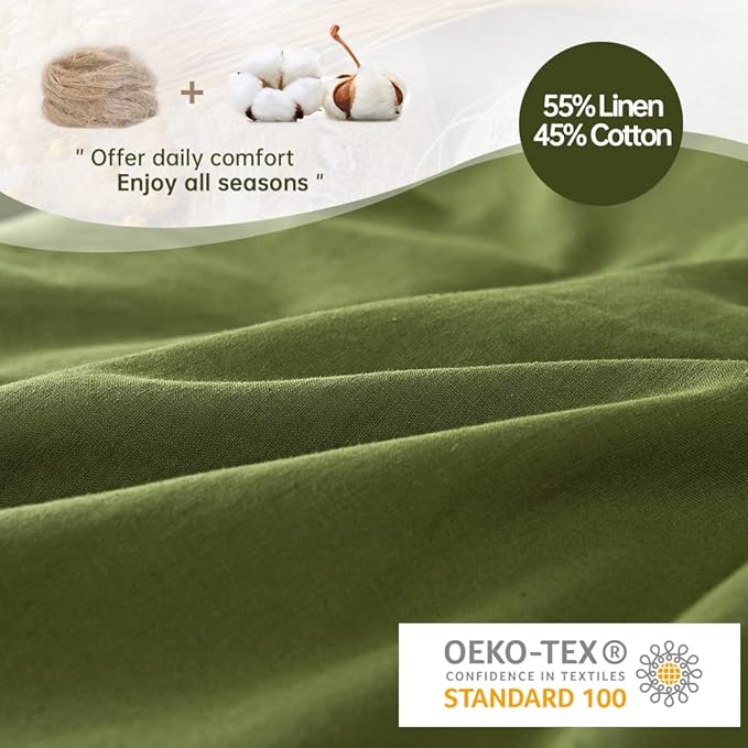Simple&Opulence French Linen Duvet Cover Set 68" x 86"- 2 Pieces (1 Comforter Cover,1 Pillowcase)- Natural Flax Cotton Blend-Solid Color Breathable Farmhouse Bedding-Forest Green, Twin