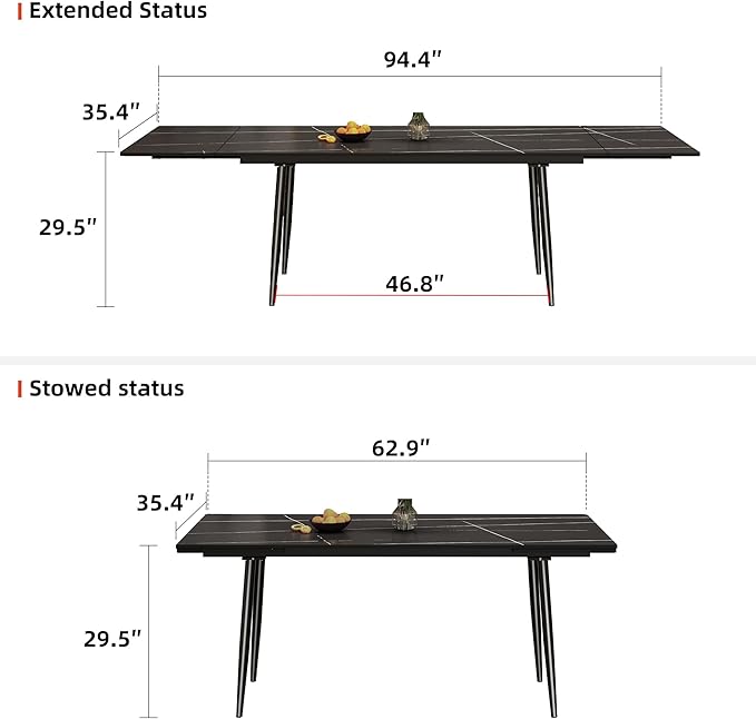 Expandable Rectangular Dining Table (62.9" to 94.4") – Modern Black Sintered Stone Top, Adjustable Table for 6 to 10 People for Dining Room Family Gathering