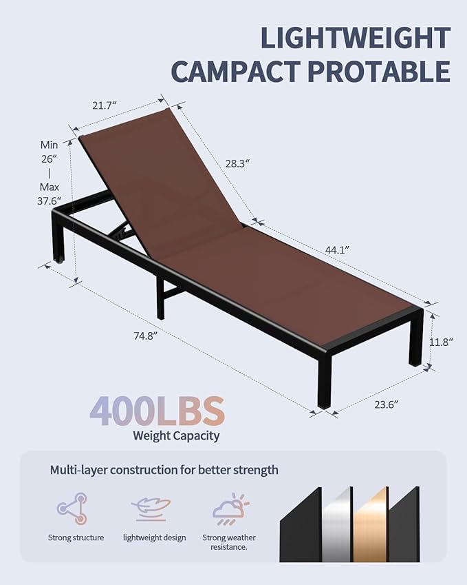 Aluminum Lounge Chairs Outdoor Chaise Furniture,2 Sets Patio Metal Deck Lounger Adjustable 5-Position Poolside Chase Recliner with Wheels for Beach,Coffee Table, (Brown, 2 Chair)