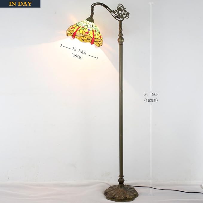 WERFACTORY Tiffany Floor Lamp Green Yellow Stained Glass Dragonfly Arch Lamp 12X18X64 Inch Gooseneck Adjustable Corner Standing Reading Light Decor Bedroom Living Room S009G Series
