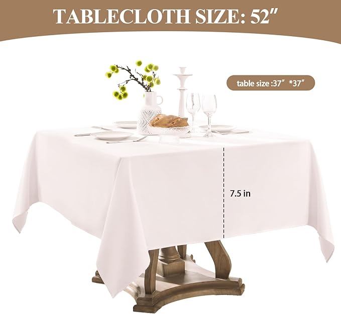 Square Tablecloth 52 x 52 Inch White Tablecloths Stain-Wrinkle Resistant Washable Polyester Table Cloths for Holiday, Buffet Parties, and Weddinge