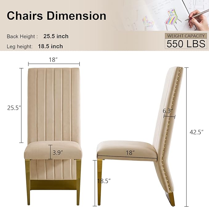 AUZ Dining Chairs with Nail Head Trim, Modern Velvet Upholstered Dining Room Chairs in Lovely Color with Polished Gold Stainless Steel Legs, Set of 6