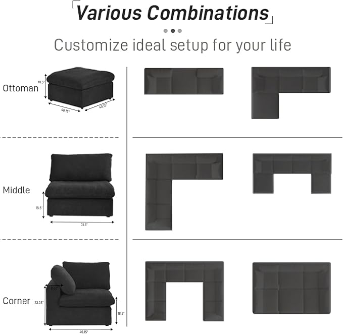 Cloud Modular Sectional Sofa Couch,120.45" U Shaped Convertible Couches with Storage Ottoman for Living Room,Minimalist Deep Sofa Couches,Sofa Covers Washable&Replaceable(Black)