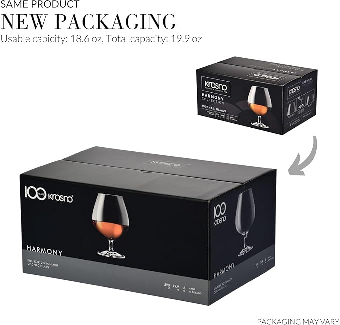Krosno Brandy Cognac Snifter Glasses, Set of 6, 18.6 oz, Harmony Collection, Ideal for Spirit Sipping, Lead-Free Glass, Dishwasher Safe, Made in Europe